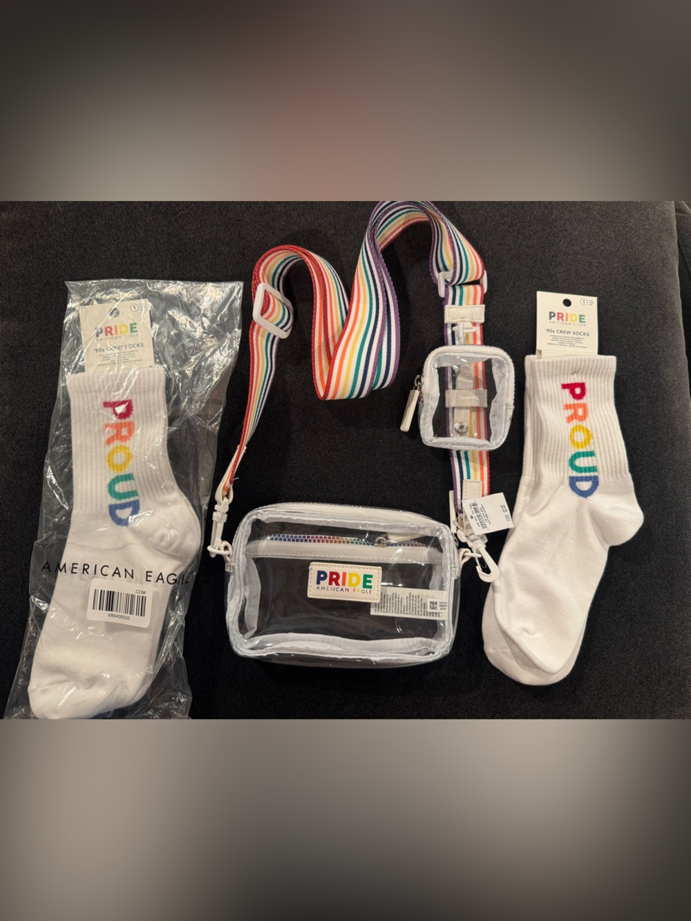 American Eagle Pride Clear Crossbody Bag + Crew Socks x 2 Bundle NWT